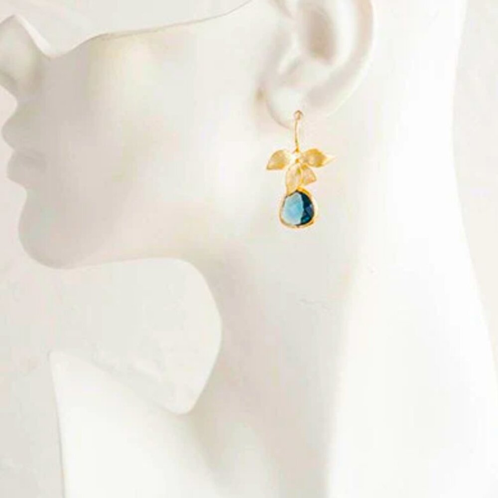 NEW Eugenie Sapphire Blue and Gold Crystal Flower French Wire Drop Earrings - Picture 3 of 4
